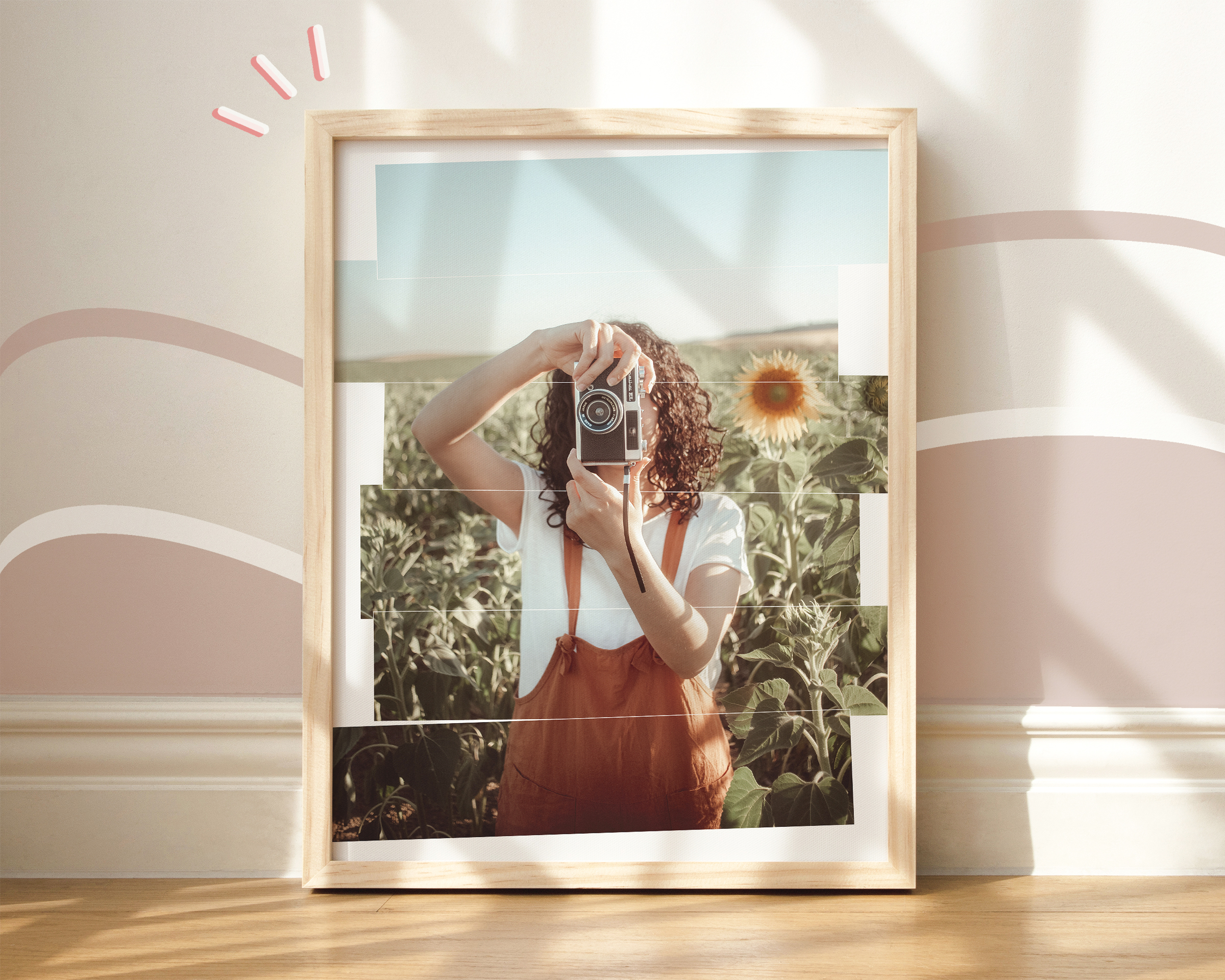 Lámina decorativa o Print de una chica haciendo una foto en un campo de girasoles con una cámara vintage